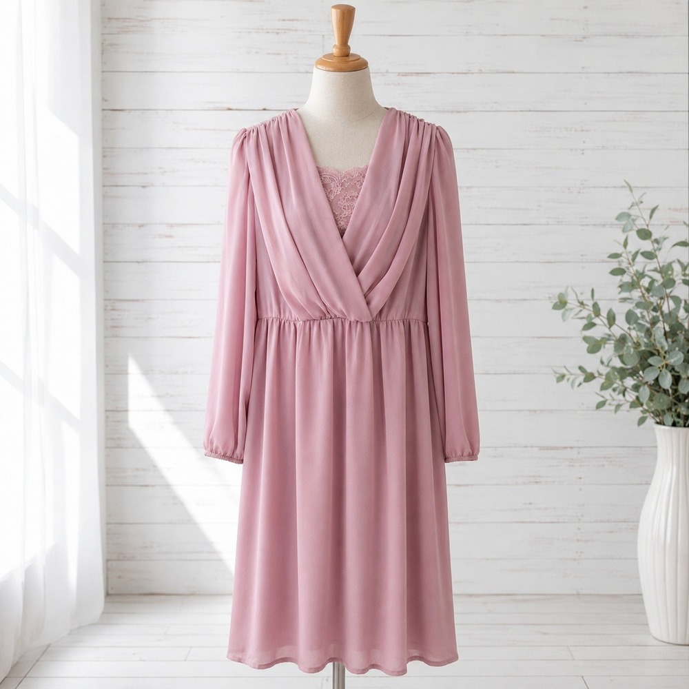 Vintage Coquette‎ Romantic Midi Dress 10 Sheer Pink Flowy Lace Surplice Puff USA